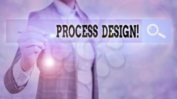 Text sign showing Process Design. Business photo text process of originating and developing a plan for a product