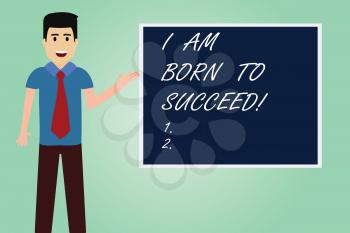 Handwriting text writing I Am Born To Succeed. Concept meaning Motivation be focused in your goals optimistic Man with Tie Standing Talking Presenting Blank Color Square Board photo