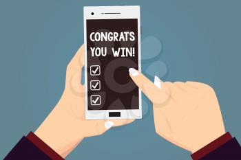 Word writing text Congrats You Win. Business concept for Congratulations for your accomplish competition winner Hu analysis Hands Holding Pointing Touching Smartphone Blank Color Screen