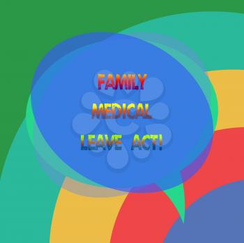 Text sign showing Family Medical Leave Act. Conceptual photo FMLA labor law covering employees and families Blank Speech Bubble photo and Stack of Transparent Circle Overlapping