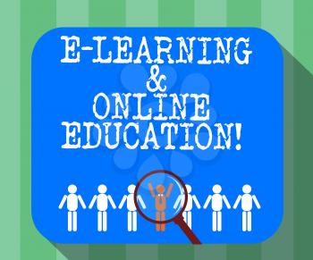 Handwriting text E Learning And Online Education. Concept meaning Remote studying Online digital lessons Magnifying Glass Over Chosen Man Figure Among the Hu analysis Dummies Line Up
