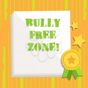 Handwriting text writing Bully Free Zone. Conceptual photo creating abuse free school college life White Blank Sheet of Parchment Paper Stationery with Ribbon Seal Stamp Label