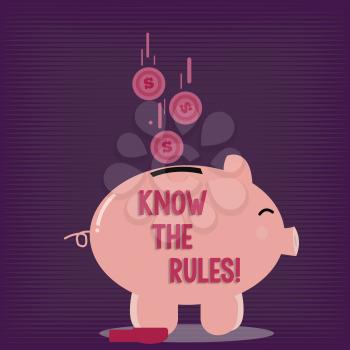 Text sign showing Know The Rules. Business photo showcasing Understand terms and conditions get legal advice from lawyers Color Piggy Bank Sideview and Dollar Currency Coins Falling Down to the Slit