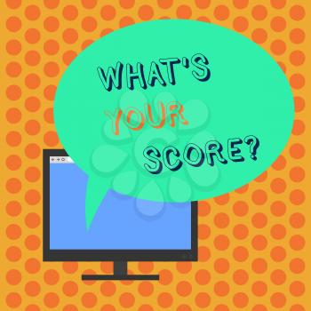 Writing note showing What S Your Score. Business concept for Personal grade rating on a competition game or study Mounted Computer Monitor Blank Screen with Oval Color Speech Bubble