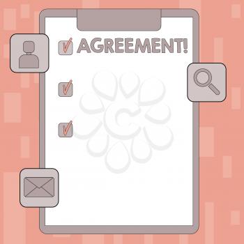 Writing note showing Agreement. Business concept for Business or demonstratingal closures made easy with better guidance Clipboard with Tick Box and Apps for Assessment and Reminder