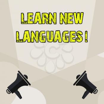 Conceptual hand writing showing Learn New Languages. Concept meaning developing ability to communicate in foreign lang Blank Spotlight Crisscrossing Upward Megaphones on the Floor