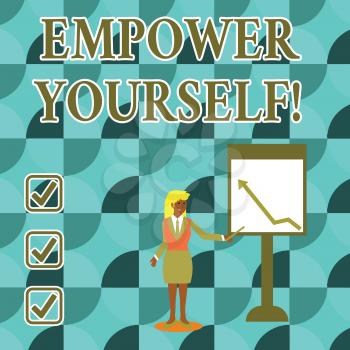 Handwriting text writing Empower Yourself. Conceptual photo taking control of our life setting goals and making choices Businesswoman Holding Stick Pointing to Chart of Arrow Upward on Whiteboard