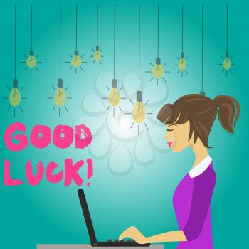 Word writing text Good Luck. Business photo showcasing used praising demonstrating or group for something done good way photo of Young Busy Woman Sitting Side View and Working on her Laptop