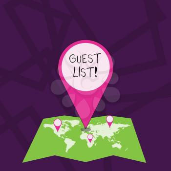 Text sign showing Guest List. Business photo showcasing showing who are to be admitted to concert or similar event Colorful Huge Location Marker Pin Pointing to an Area or GPS Address on Map