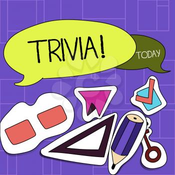 Handwriting text Trivia. Conceptual photo Pieces of insignificant info of something someone someplace Two Blank Colorful Speech Balloon and Different Labels Sticker Style Icons