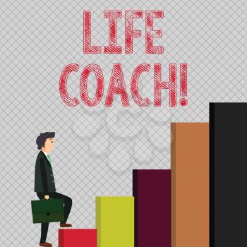 Writing note showing Life Coach. Business concept for demonstrating employed to help showing attain their goals career Man Carrying a Briefcase in Pensive Expression Climbing Up