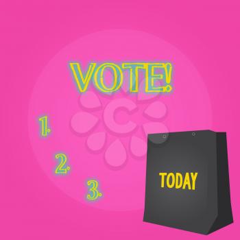 Text sign showing Vote. Business photo showcasing Formalized decision on important matters electing Color Gift Bag with Punched Hole but Without Handle on Twotone Blank Space