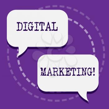 Word writing text Digital Marketing. Business photo showcasing market products or services using technologies on Internet Two Blank White Speech Balloon Engaging in Conversation on Pastel Backdrop