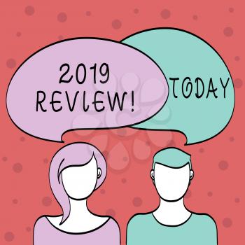 Word writing text 2019 Review. Business photo showcasing remembering past year events main actions or good shows Blank Faces of Male and Female with Colorful Blank Speech Bubble Overlaying