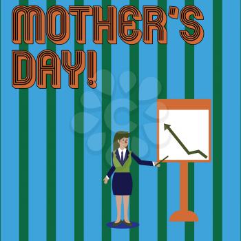 Writing note showing Mother S Day. Business concept for day of year where mothers are particularly honoured by children Woman Holding Stick Pointing to Chart of Arrow on Whiteboard