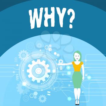 Writing note showing Whyquestion. Business concept for Asking for specific answers of something interrogate inquire Woman Presenting the SEO Process with Cog Wheel Gear inside
