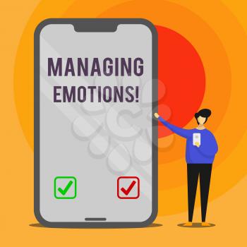 Word writing text Managing Emotions. Business photo showcasing ability be open to feelings and modulate them in oneself Man Presenting Huge Blank Screen Smartphone while Holding Another Mobile