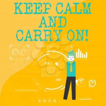 Text sign showing Keep Calm And Carry On. Business photo showcasing slogan calling for persistence face of challenge Man Standing Holding Pen Pointing to Chart Diagram with SEO Process Icons