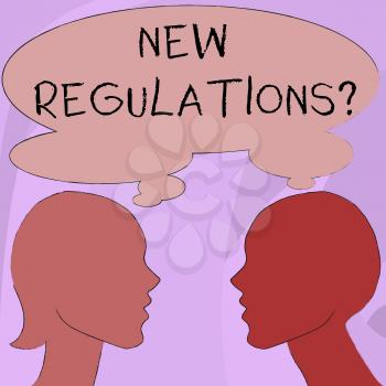 Text sign showing New Regulations Question. Business photo showcasing rules made government order control way something is done Silhouette Sideview Profile Image of Man and Woman with Shared Thought Bubble
