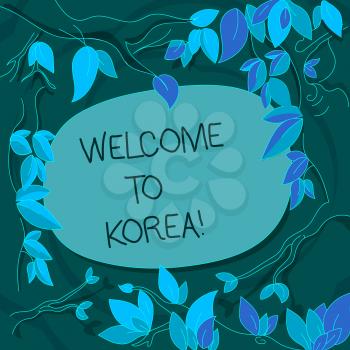 Handwriting text Welcome To Korea. Conceptual photo Arriving to Asian modern country different culture Tree Branches Scattered with Leaves Surrounding Blank Color Text Space
