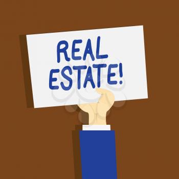 Writing note showing Real Estate. Business concept for owning property consisting of empty land or buildings Clipart of Hand Holding Up Sheet of Paper on Pastel Backdrop