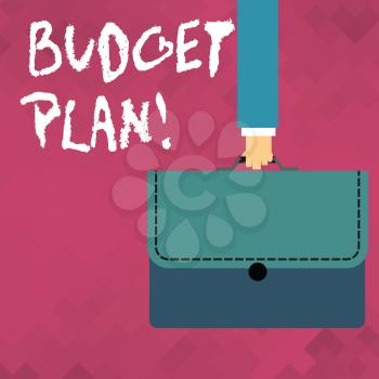 Word writing text Budget Plan. Business photo showcasing estimate of income and expenditure for set period of time Businessman Hand Carrying Colorful Briefcase Portfolio with Stitch Applique