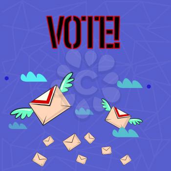 Writing note showing Vote. Business concept for Formalized decision on important matters electing Colorful Airmail Letter Envelopes and Two of Them with Wings