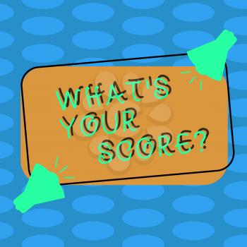 Word writing text What S Your Score. Business photo showcasing Personal grade rating on a competition game or study Two Megaphone with Sound icon on Blank Color Outlined Rectangular Shape