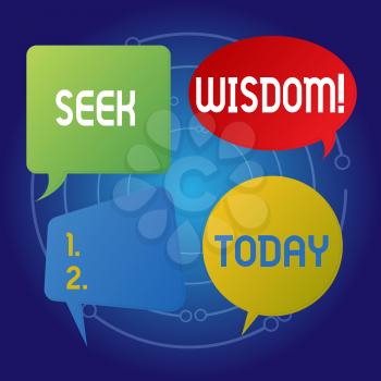 Text sign showing Seek Wisdom. Business photo showcasing ability to think act using knowledge experience understanding Blank Speech Bubble Sticker in Different Shapes and Color for Multiple Chat
