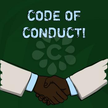 Word writing text Code Of Conduct. Business photo showcasing Follow principles and standards for business integrity Businessmen Shaking Hands Firmly as Gesture Form of Greeting and Agreement