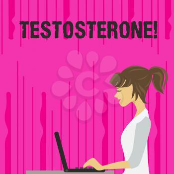 Text sign showing Testosterone. Business photo text Male hormones development and stimulation sports substance photo of Young Busy Woman Sitting Side View and Working on her Laptop