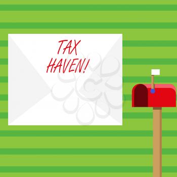 Word writing text Tax Haven. Business photo showcasing country or independent area where taxes are levied at low rate Blank Big White Envelope and Open Red Mailbox with Small Flag Up Signalling