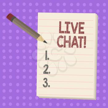 Writing note showing Live Chat. Business concept for Web service that allows businesses or friends to communicate Pencil with Eraser and Pad on Two Toned Polka Dot Background