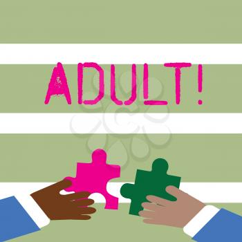 Word writing text Adult. Business photo showcasing Finding ways to educate a mature son, daughter Two Hands Holding Colorful Jigsaw Puzzle Pieces about to Interlock the Tiles
