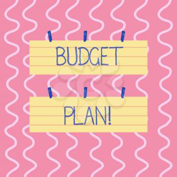 Text sign showing Budget Plan. Business photo showcasing estimate of income and expenditure for set period of time Two Color Blank Strip Size Lined Paper Sheet Hanging Using Blue Clothespin