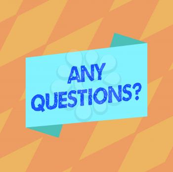 Text sign showing Any Questions Question. Business photo showcasing you say write order to ask demonstrating about something Blank Color Folded Banner Strip Flat Style photo for Announcement Poster