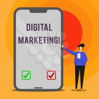 Word writing text Digital Marketing. Business photo showcasing market products or services using technologies on Internet Man Presenting Huge Blank Screen Smartphone while Holding Another Mobile