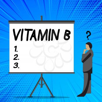 Word writing text Vitamin B. Business photo showcasing Highly important sources and benefits of nutriments folate Businessman with Question Mark Above his Head Standing Beside Blank Screen