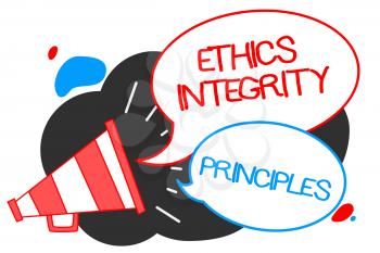 Text sign showing Ethics Integrity Principles. Conceptual photo quality of being honest and having strong moral Megaphone loudspeaker speech bubbles important message speaking out loud
