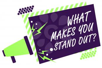 Text sign showing What Makes You Stand Out question. Conceptual photo asking someone about his qualities Megaphone loudspeaker green striped frame important message speaking loud
