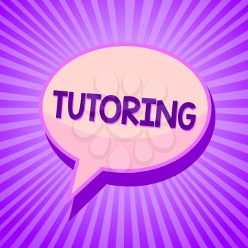 Conceptual hand writing showing Tutoring. Business photo text An act of a person employed to administer knowledge to someone Speech bubble idea reminder purple shadows important intention ray