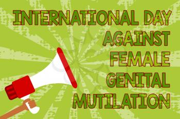 Writing note showing International Day Against Female Genital Mutilation. Business photo showcasing awareness day February Man holding megaphone loudspeaker grunge green rays important messages