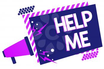 Text sign showing Help Me. Conceptual photo Asking someone to assist you Shouting for it Teamwork Volunteer Megaphone loudspeaker purple striped frame important message speaking loud