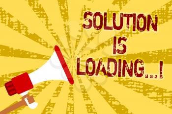 Conceptual hand writing showing Solution Is Loading.... Business photo text thinking of way to solve big problems Diagnoses Man holding megaphone loudspeaker grunge yellow important messages