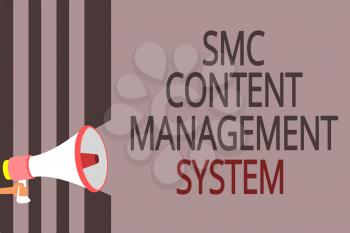 Text sign showing Smc Content Management System. Conceptual photo mangae creation and modification of posts Megaphone loudspeaker gray stripes important message speaking out loud