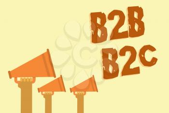 Text sign showing B2B B2C. Conceptual photo two types for sending emails to other people Outlook accounts Hands holding megaphones loudspeakers important message yellow background