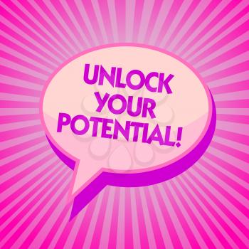 Text sign showing Unlock Your Potential. Conceptual photo improve self awareness Skills to Achieve more Purple speech bubble message reminder rays shadow important intention