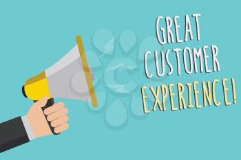 Text sign showing Great Customer Experience. Conceptual photo responding to clients with friendly helpful way Man holding megaphone loudspeaker blue background message speaking loud