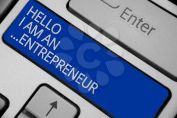 Conceptual hand writing showing Hello I Am An ...Entrepreneur. Business photo text person who sets up a business or startups Keyboard blue key create computer computing reflection document