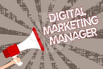 Text sign showing Digital Marketing Manager. Conceptual photo optimized for posting in online boards or careers Man holding megaphone loudspeaker grunge gray rays important messages
